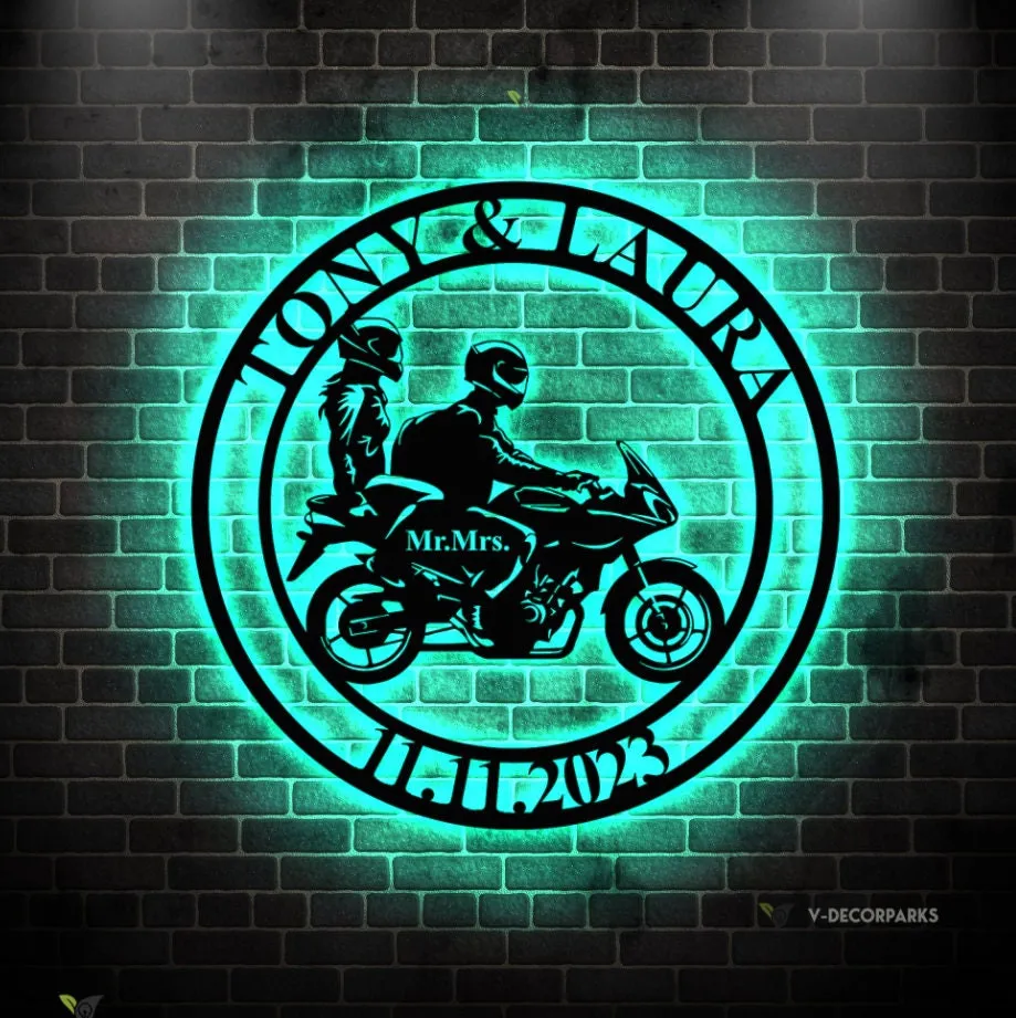 il_fullxfull.5458578491_i2nz-1.webp Personalized Biker Couple Metal Led Light Sign, Custom Motorcycle Rider Wall Art For Decor, Anniversary Gift, Wedding Gift Motorcylce, Biker Couple Gift