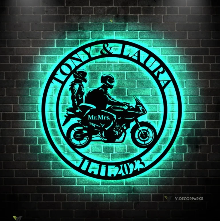 Personalized Biker Couple Metal Led Light Sign, Custom Motorcycle Rider Wall Art For Decor, Anniversary Gift, Wedding Gift Motorcylce, Biker Couple Gift