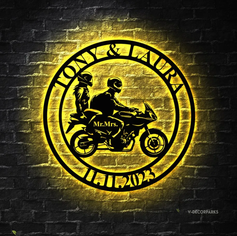 il_fullxfull.5458578531_dxy2-1.webp Personalized Biker Couple Metal Led Light Sign, Custom Motorcycle Rider Wall Art For Decor, Anniversary Gift, Wedding Gift Motorcylce, Biker Couple Gift