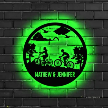 Personalized Mountain Biking Led Light Sign, Metal Biking Led Sign, Biker Name Sign Riding Bicycle Metal Wall Art, Bicycle Lovers Gift, Biking Couple Gift