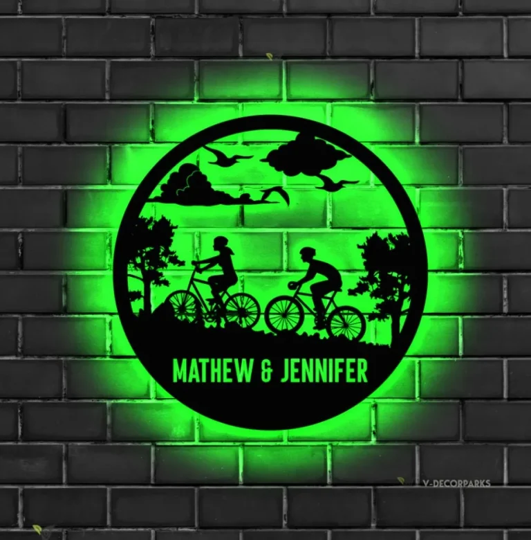 Personalized Mountain Biking Led Light Sign, Metal Biking Led Sign, Biker Name Sign Riding Bicycle Metal Wall Art, Bicycle Lovers Gift, Biking Couple Gift