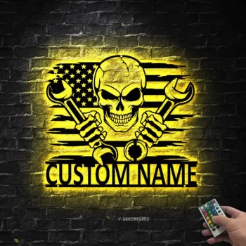 Personalized Us Skull Mechanic Metal Sign, Custom Mechanic Garage Name Sign Led Light, Decoration For Room, Mechanic Metal Led Decor