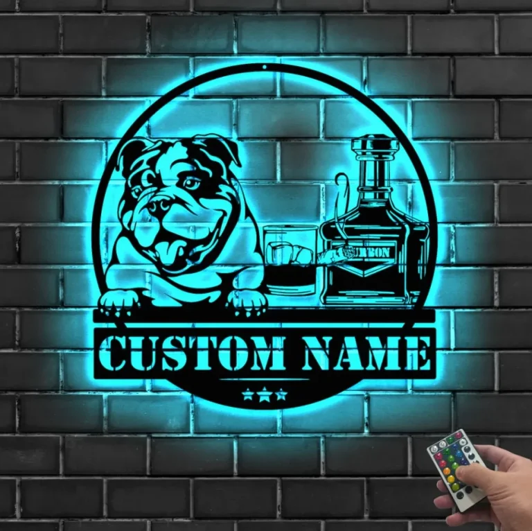 Metal Sign Led Lights, Custom Bourbon Cigar And Bulldog Metal Sign, Personalized Alcohol Smoke Sign, Home Bar Pub Decor Dog Decoration