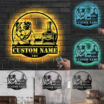 Metal Sign Led Lights, Custom Bourbon Cigar And Bulldog Metal Sign, Personalized Alcohol Smoke Sign, Home Bar Pub Decor Dog Decoration