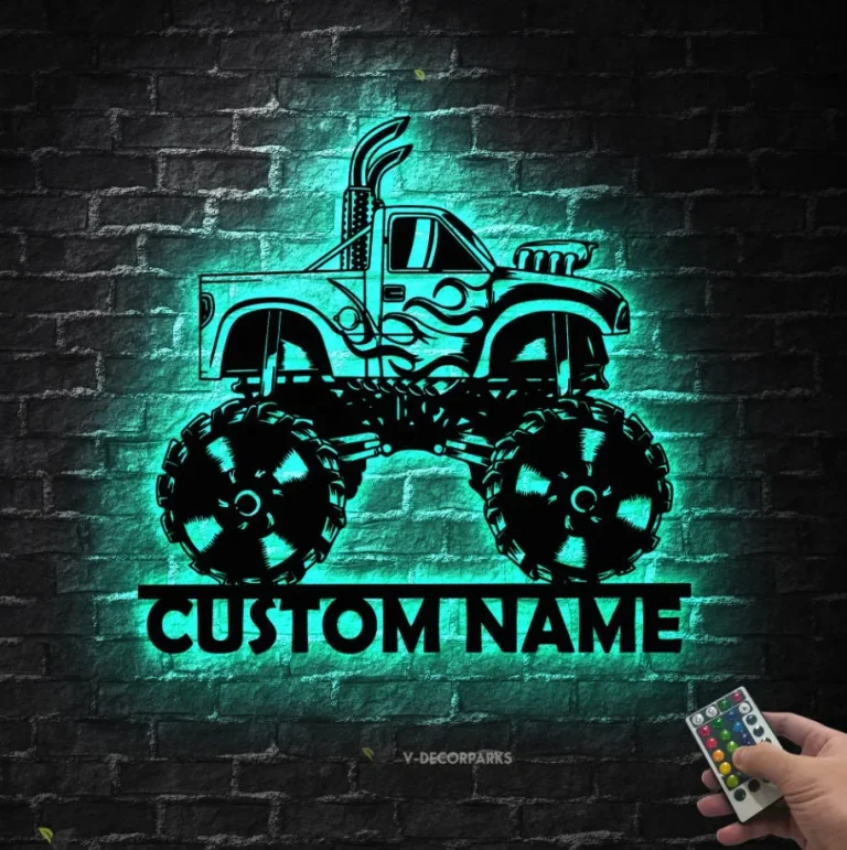 Custom Monster Truck Driver Metal Wall Art Led Light Personalized Fire Flame Off Road Vehicle Name Sign Home Decor Kid Nursery Decoration