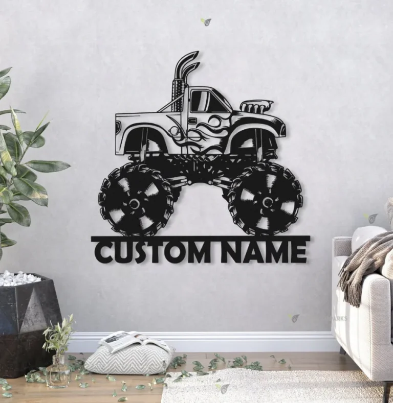 Custom Monster Truck Driver Metal Wall Art Led Light Personalized Fire Flame Off Road Vehicle Name Sign Home Decor Kid Nursery Decoration