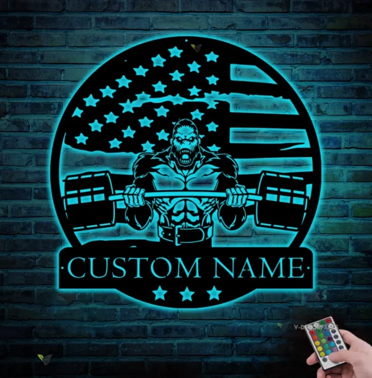 Custom Gozilla Fitness Workout Metal Wall Art With Led Light Personalized Gymer Name Decoration Home Bodybuilding Gym Fitness Decoration