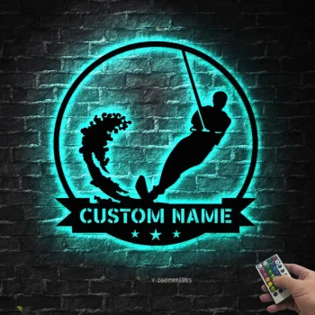 Custom Water Skiing Metal Wall Art Led Light - Personalized Wakeboarding Name Sign Home Decor - Ideal For Home Decor & Gift