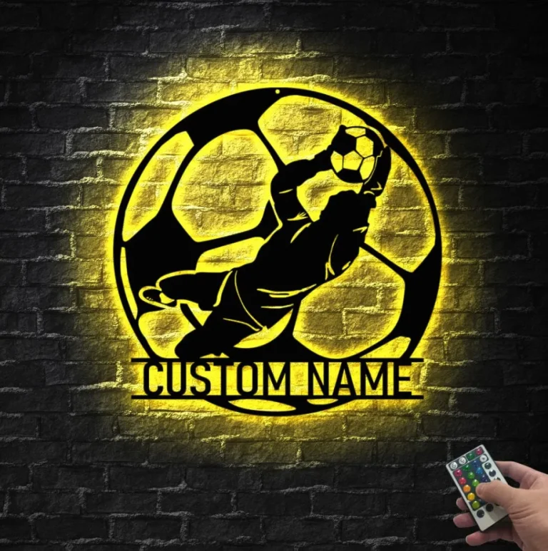 Personalized Man Soccer Player Metal Wall Art Led Light Custom Football Goalkeeper Name Sign Xmas Gift Ideal For Home Decor & Gift