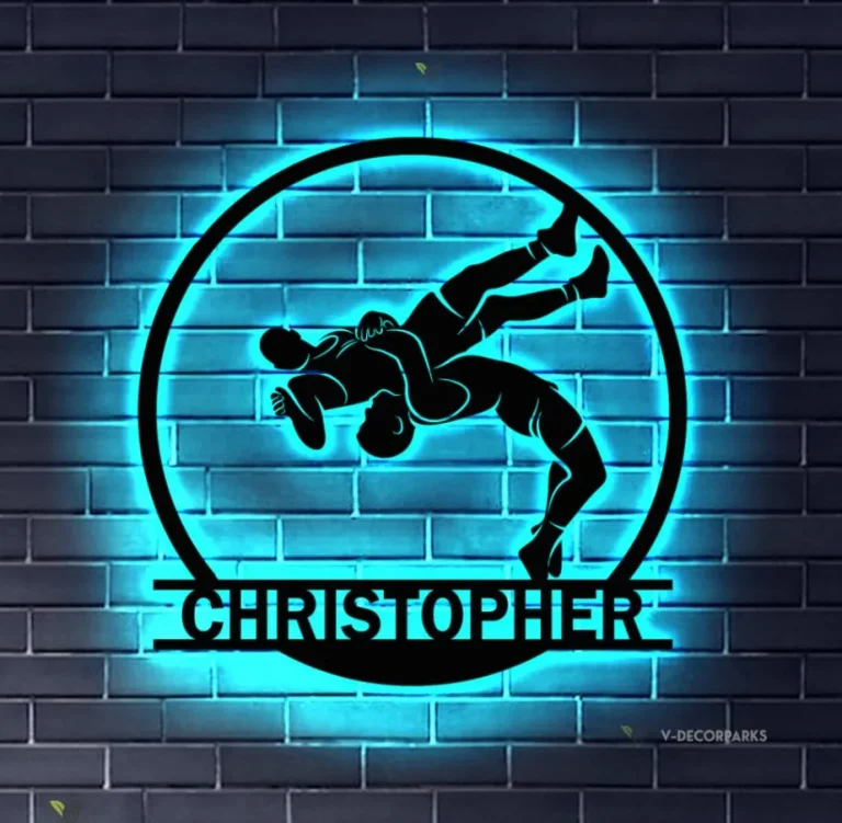 Custom Wrestling Sign Metal Wall Art Led Light, Wrestler Name Sign, Wrestling Coach Gift, Xmas Birthday Gift For Dad, Man Cave Home Decor