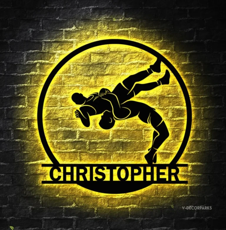 Custom Wrestling Sign Metal Wall Art Led Light, Wrestler Name Sign, Wrestling Coach Gift, Xmas Birthday Gift For Dad, Man Cave Home Decor