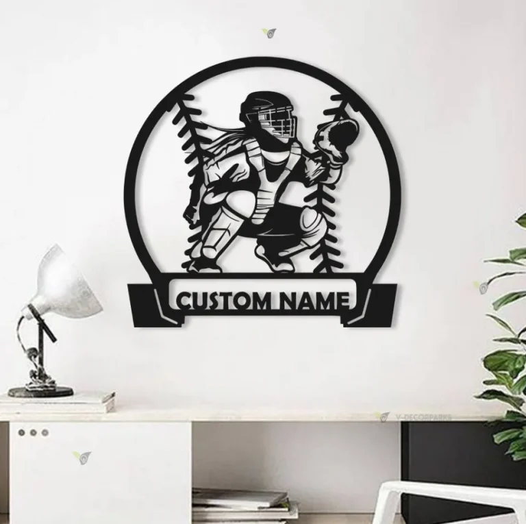 Personalized Softball Catcher Metal Wall Art Led Lights, Gift For Daughter Softball Lover Catcher Girl Sign, Birthday Gift Dorm Decoration