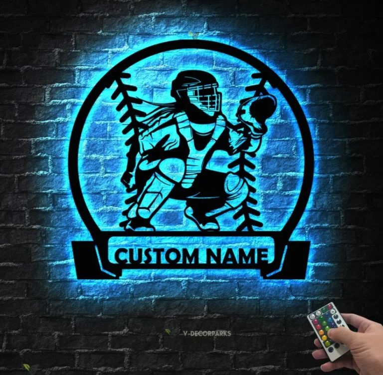 Personalized Softball Catcher Metal Wall Art Led Lights, Gift For Daughter Softball Lover Catcher Girl Sign, Birthday Gift Dorm Decoration