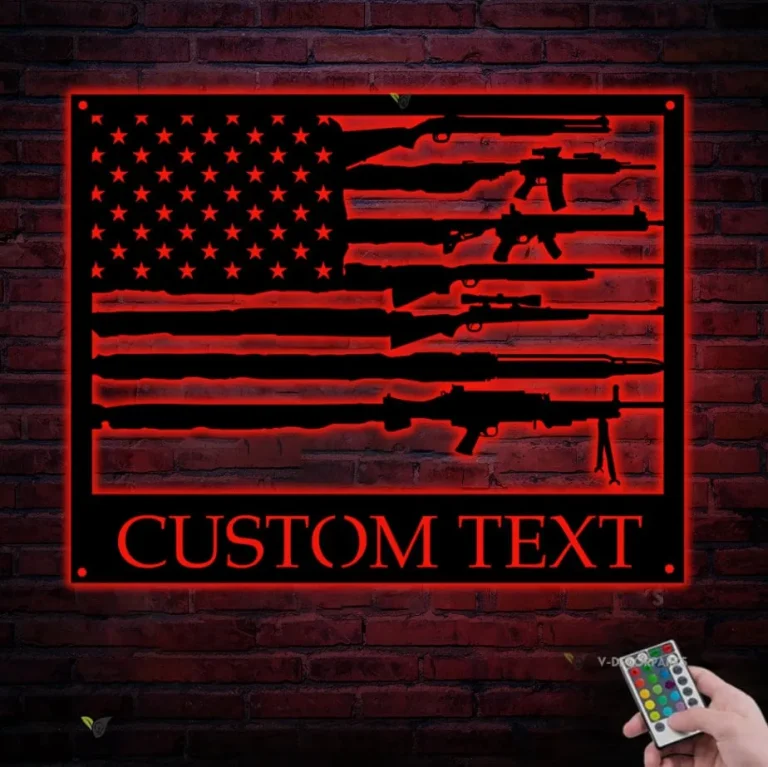 Custom Gun American Flag Metal Wall Art Led Light Personalized Second Amendment 2nd Name Sign 4th Of July Patriotic Decoration Home Decor