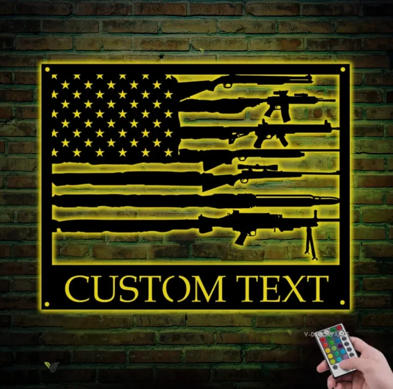 Custom Gun American Flag Metal Wall Art Led Light Personalized Second Amendment 2nd Name Sign 4th Of July Patriotic Decoration Home Decor