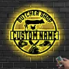 Custom Cow Pig Chicken Meat Shop Farmhouse Metal Wall Art Led Light Personalized Butcher Shop Name Sign Decor Steak Pork Chop Bbq Grill Sign