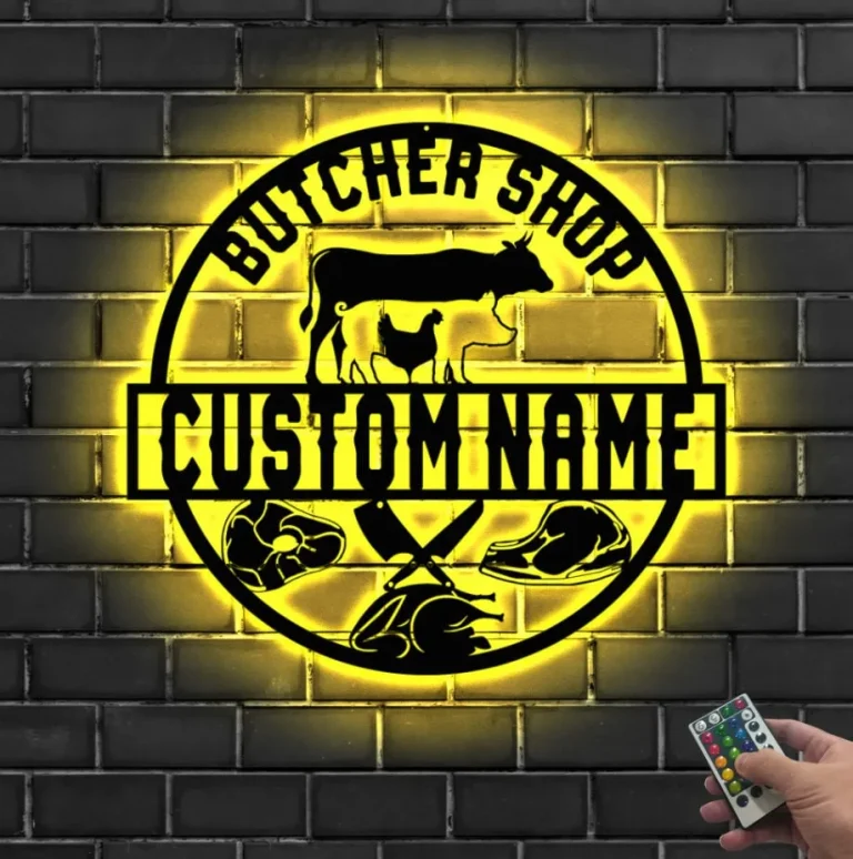 Custom Cow Pig Chicken Meat Shop Farmhouse Metal Wall Art Led Light Personalized Butcher Shop Name Sign Decor Steak Pork Chop Bbq Grill Sign