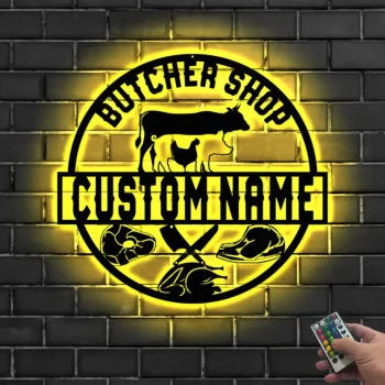 Custom Cow Pig Chicken Meat Shop Farmhouse Metal Wall Art Led Light Personalized Butcher Shop Name Sign Decor Steak Pork Chop Bbq Grill Sign