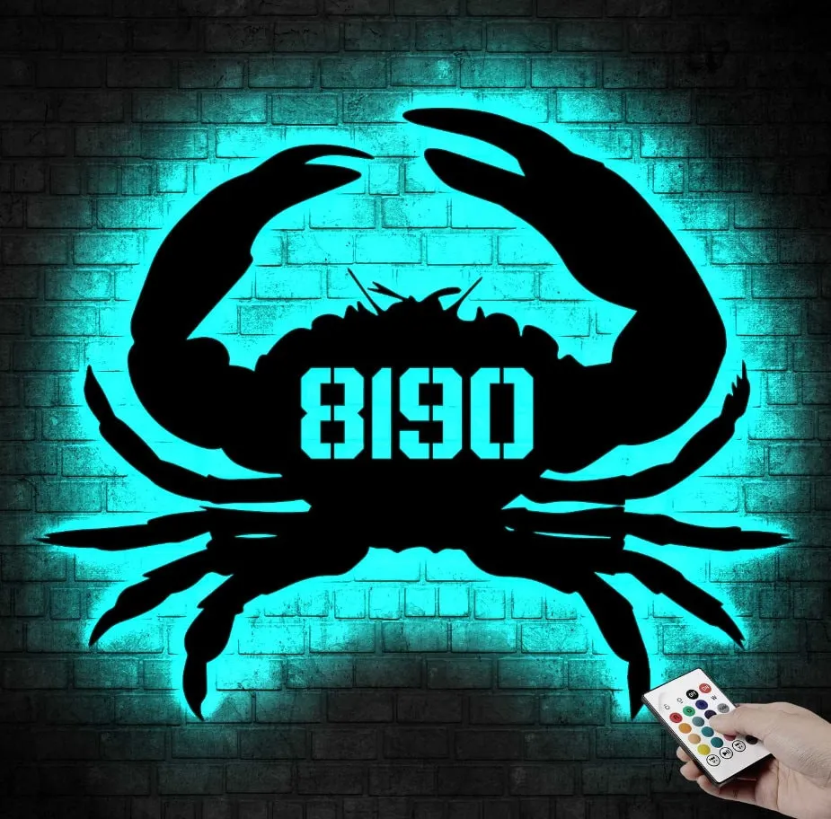 il_fullxfull.5522155660_34y9-1.webp Crab Themed Custom Address Steel House Led Light Sign, Metal Crab Address Led Sign For Front Door Beach House Number Sign Yard Address Sign Street Number