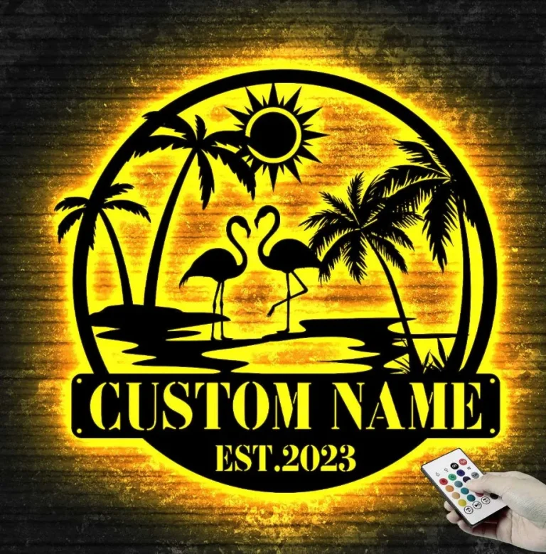 Custom Flamingo Metal Sign With Led Light, Flamingo Sign, Beach House Decor, Palm Tree Sign, Tiki Bar Decor, Summer Gift, Flamingo Lover