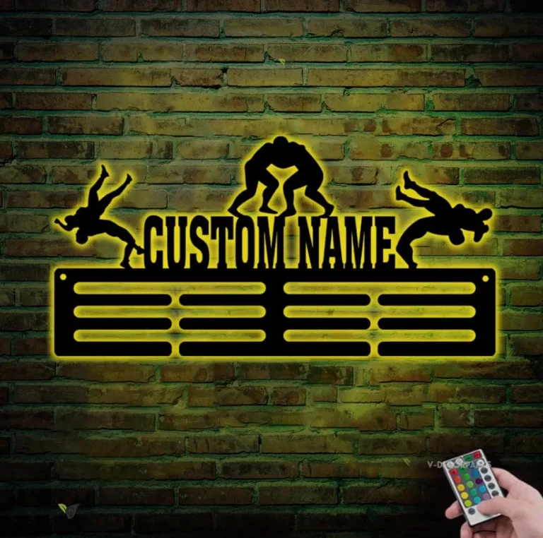 Custom Wrestling Medal Hanger Led Light, Sports Medal Holder Display Rack For Awards Ribbons, Tiered Award Rack Wrestler Name Sign