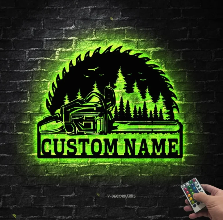 Custom Chainsaw Wood Metal Wall Art Led Light, Personalized Woodworker Name Sign Decoration For Room, Woodworker Home Decor, Woodworker Sign