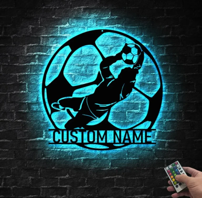 Personalized Man Soccer Player Metal Wall Art Led Light Custom Football Goalkeeper Name Sign Xmas Gift Ideal For Home Decor & Gift