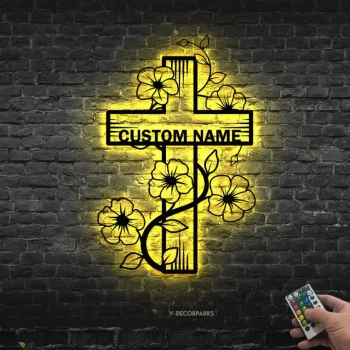 Custom Floral Cross Metal Wall Art Led Light Home Decor God Faith Cross Decoration Religious Lord Blessed Cross Sign Xmas Birthday Gift
