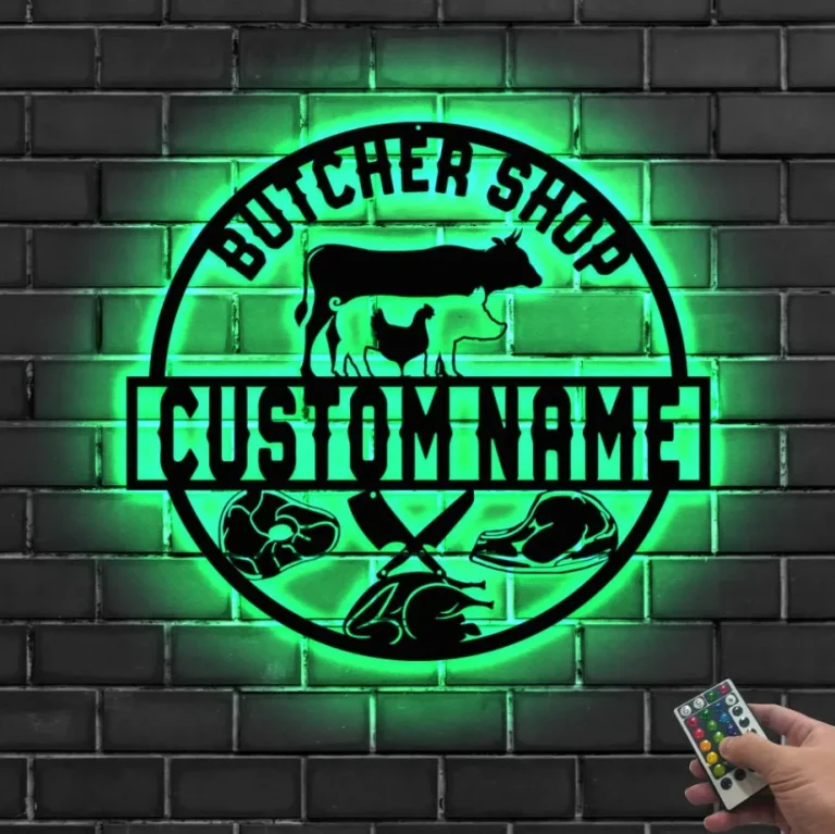 Custom Cow Pig Chicken Meat Shop Farmhouse Metal Wall Art Led Light Personalized Butcher Shop Name Sign Decor Steak Pork Chop Bbq Grill Sign