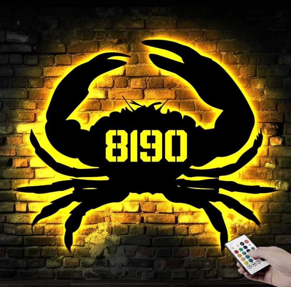 il_fullxfull.5570270497_hdag-1.webp Crab Themed Custom Address Steel House Led Light Sign, Metal Crab Address Led Sign For Front Door Beach House Number Sign Yard Address Sign Street Number