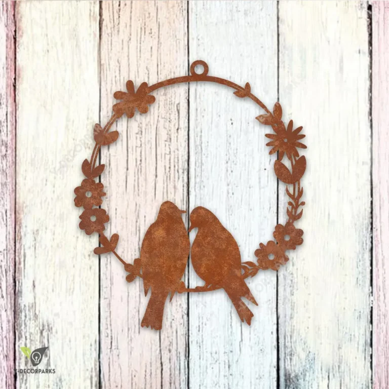 Couple Bird On Flower Wreath Metal Garden Art, Lovebirds Steel Garden Hanging