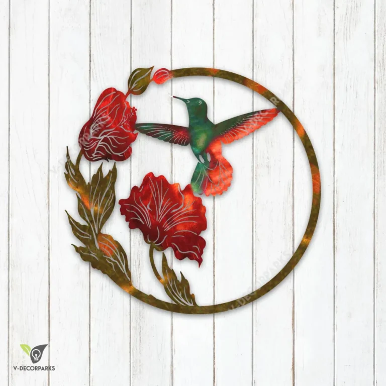 Hummingbird With Flowers Heat Treated Color Round Metal Art, Hummingbird Cutout Gift For Mother