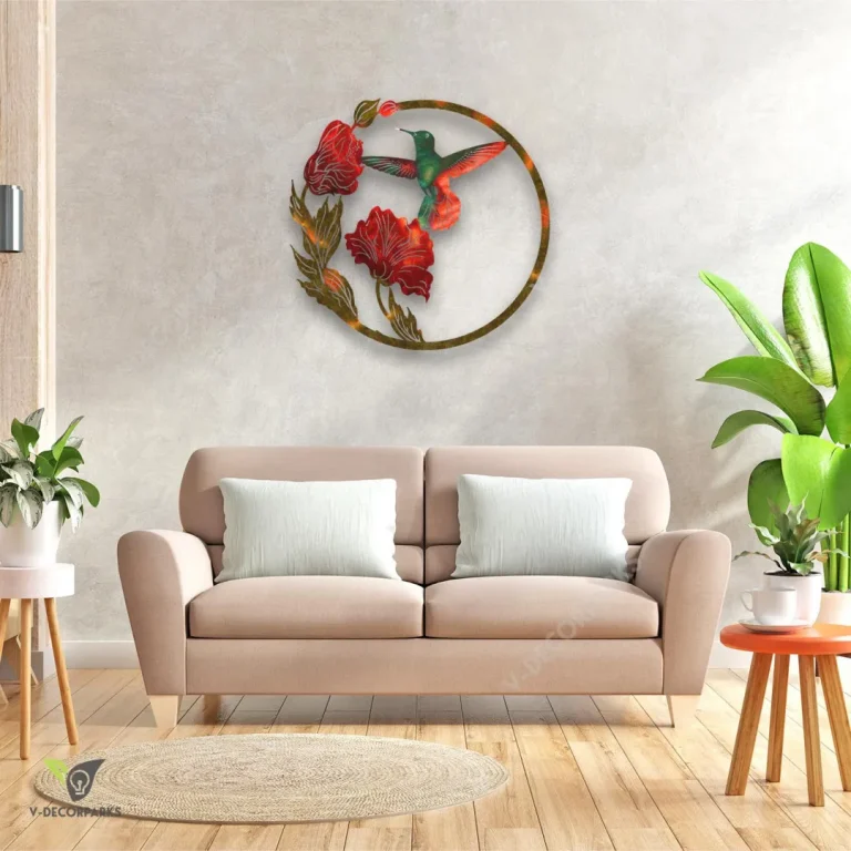 Hummingbird With Flowers Heat Treated Color Round Metal Art, Hummingbird Cutout Gift For Mother