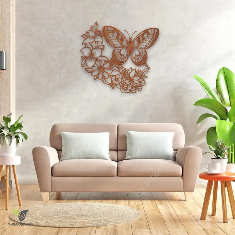 Rusty Butterfly And Flowers Metal Art, Floral Iron Decor For Mom