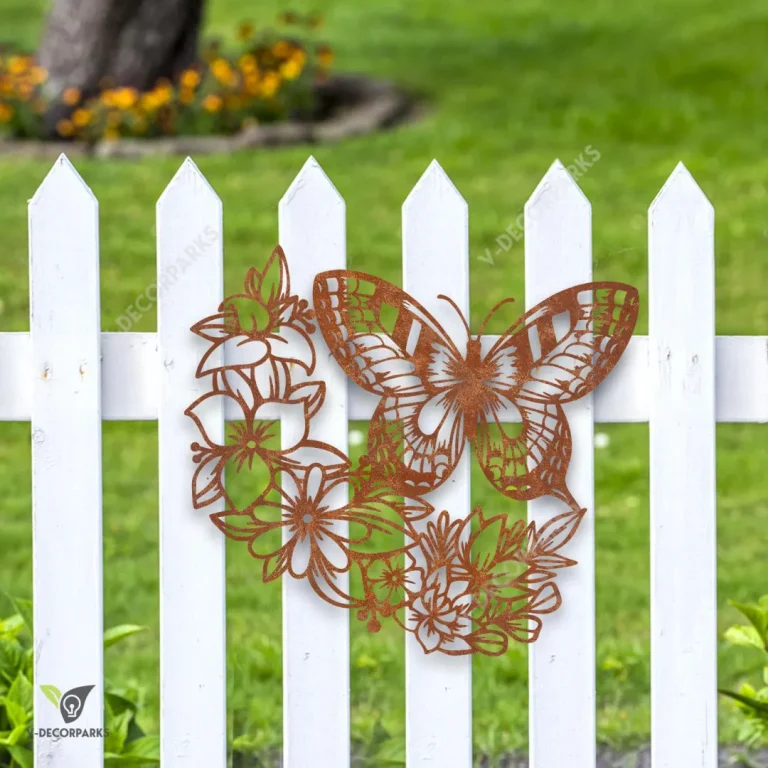 Rusty Butterfly And Flowers Metal Art, Floral Iron Decor For Mom