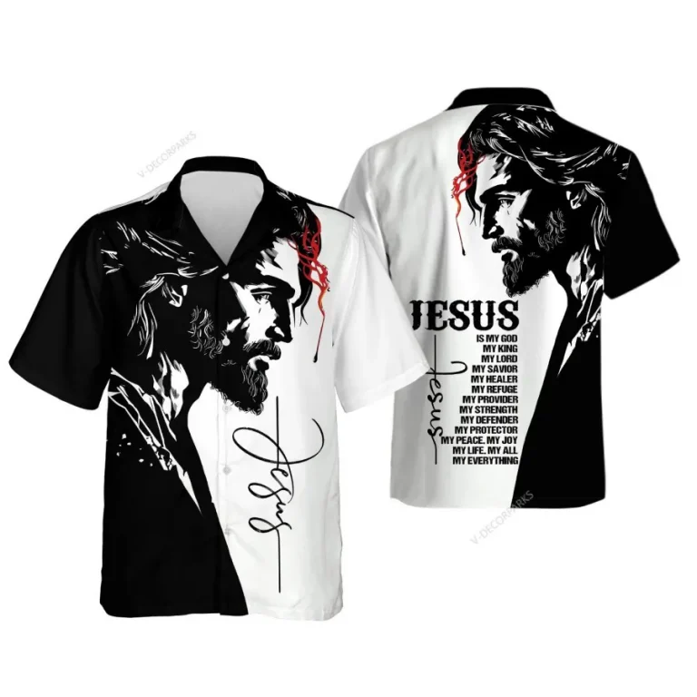 Jesus Christ Hawaiian Shirts For Men Women, Christian Jesus Button Down Short Sleeve Hawaiian Shirt, Jesus Is King White And Black Aloha Beach Shirts