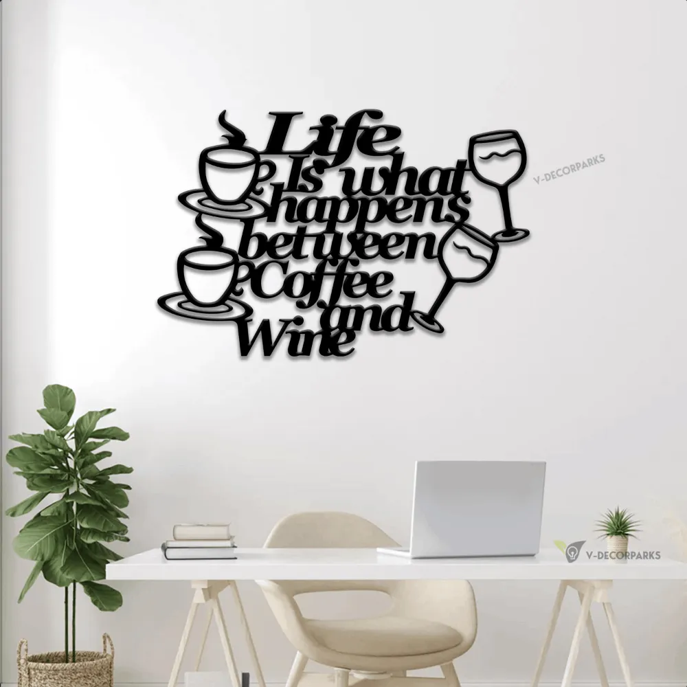 Life Is What Happens Between Coffee And Wine, Wall Hanging, Metal Coffee Sign Led Lights, Kitchen Decor, Coffee Bar Sign, Farmhouse Decor,coffee Lover