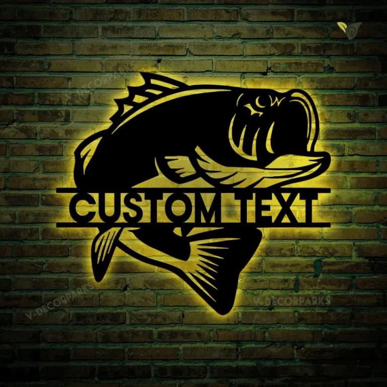 Custom Metal Bass Fish Wall Art With Led Lights, Bass Fishing Gift For Men Metal Sign, Steel Sign Fishing Decor For Dad