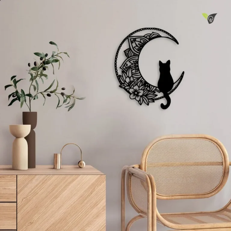 Cat And Moon Metal Sign With Lights, Black Cat On The Moon Metal Wall Art, Luna Flower Cat Sign