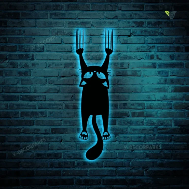 Funny Black Cat Falling Metal Wall Art With Led Lights, Cat Lover Metal Art Wall Decor