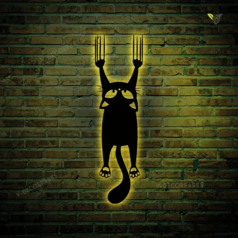 Funny Black Cat Falling Metal Wall Art With Led Lights, Cat Lover Metal Art Wall Decor
