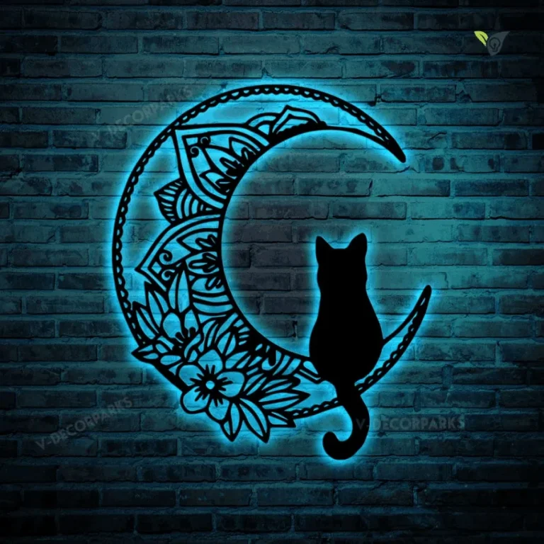 Cat And Moon Metal Sign With Lights, Black Cat On The Moon Metal Wall Art, Luna Flower Cat Sign