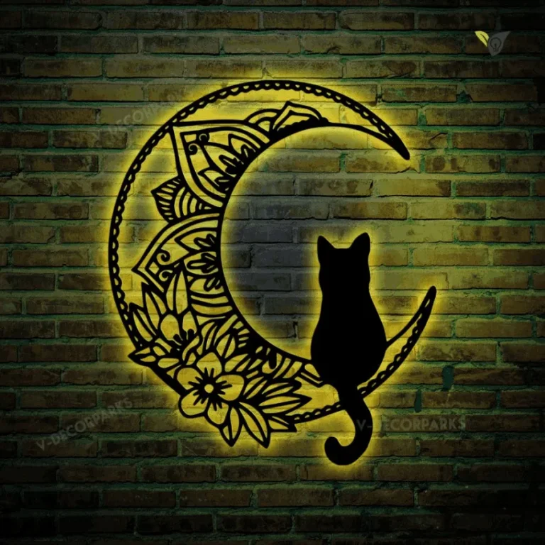 Cat And Moon Metal Sign With Lights, Black Cat On The Moon Metal Wall Art, Luna Flower Cat Sign