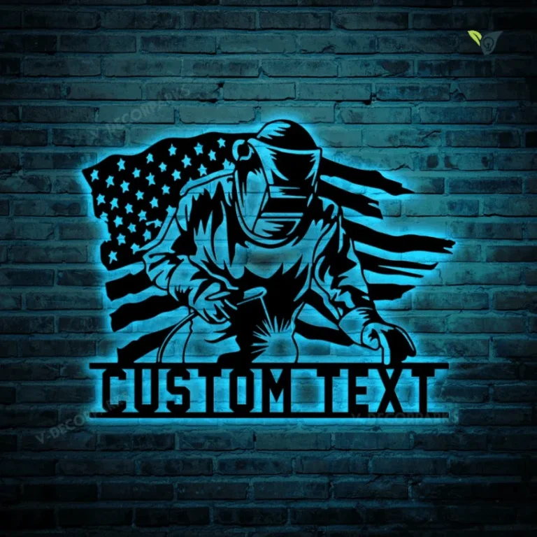 Custom Welding Us Flag Metal Wall Art Led Light, Personalized Welder Name Sign Home Decor, Ironworker Decoration, Man Cave Sign