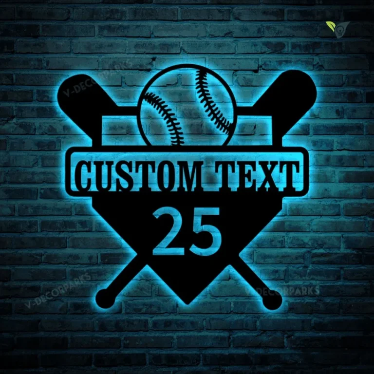 Personalized Baseball Player With Number Metal Led Lights Wall Art, Custom Baseball Metal Sign, Metal Baseball Player Wall Decor