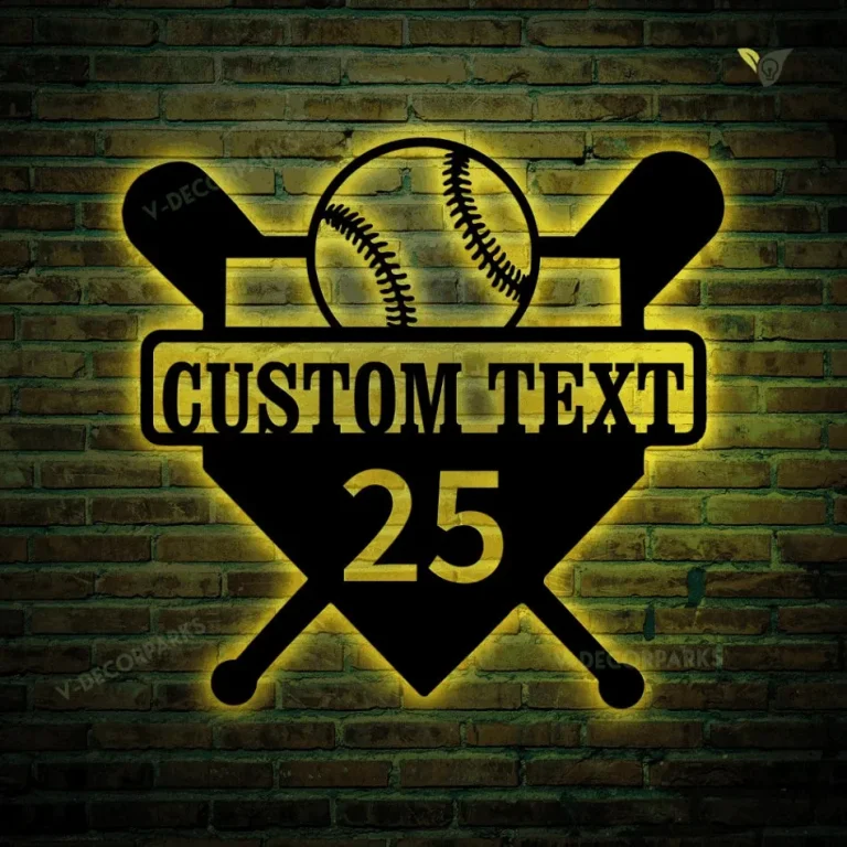 Personalized Baseball Player With Number Metal Led Lights Wall Art, Custom Baseball Metal Sign, Metal Baseball Player Wall Decor