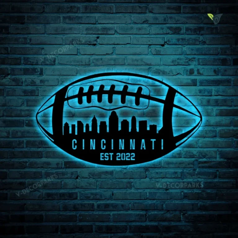 Custom Cincinati City Skyline Football Team Metal Sign With Led Lights, Personalized Name Football Player Metal Sign