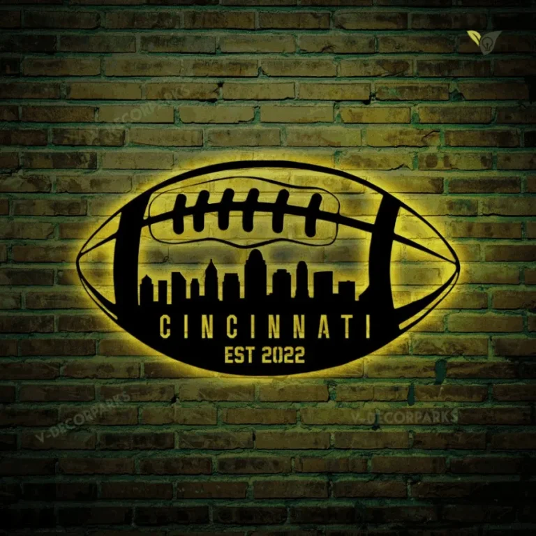 Custom Cincinati City Skyline Football Team Metal Sign With Led Lights, Personalized Name Football Player Metal Sign