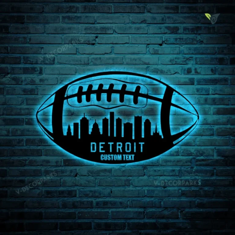 Custom Detroit City Skyline Football Team Metal Sign With Led Lights, Personalized Name Football Player Metal Sign, Kid Room Decor