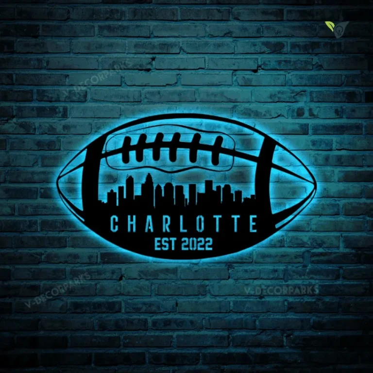 Custom Football Team City Silhouette Metal Wall Art With Led Lights, Personalized Name Football Player Metal Sign, Kid Room Decor